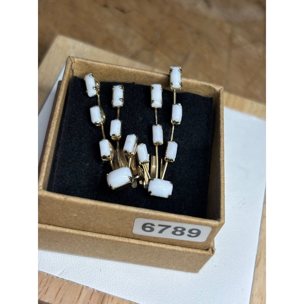 Vintage Gold-Tone Earrings With White Milk Glass Dangles Clip-On Style - Picture 3 of 6